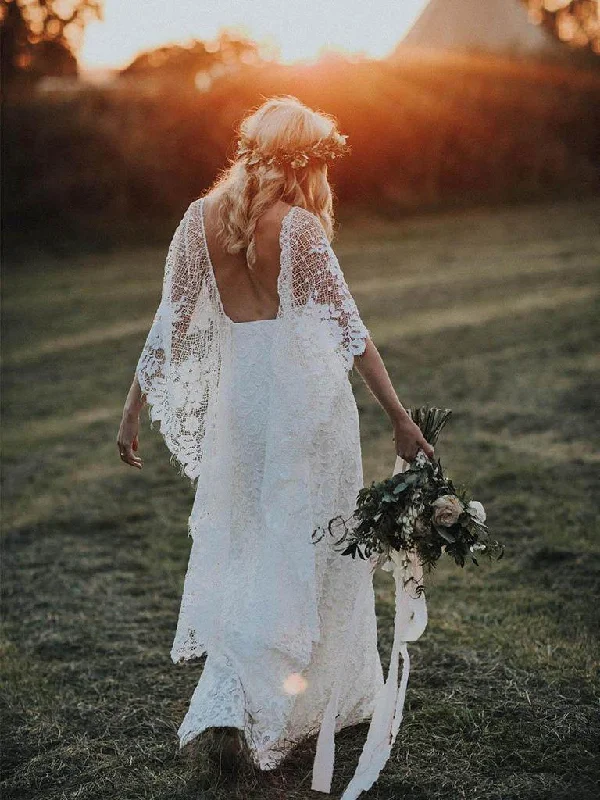 Wedding dresses with fitted designs for a sleek silhouette-Romantic Lace V-neck Neckline Bat Sleeves Sheath Wedding Dresses WD149 Wedding dresses with fitted designs for a sleek silhouette-Romantic Lace V-neck Neckline Bat Sleeves Sheath Wedding Dresses WD149