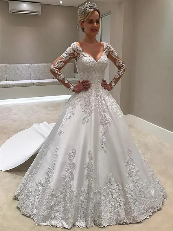 Romantic Satin V-neck Neckline A-line Wedding Dresses With Appliques WD052