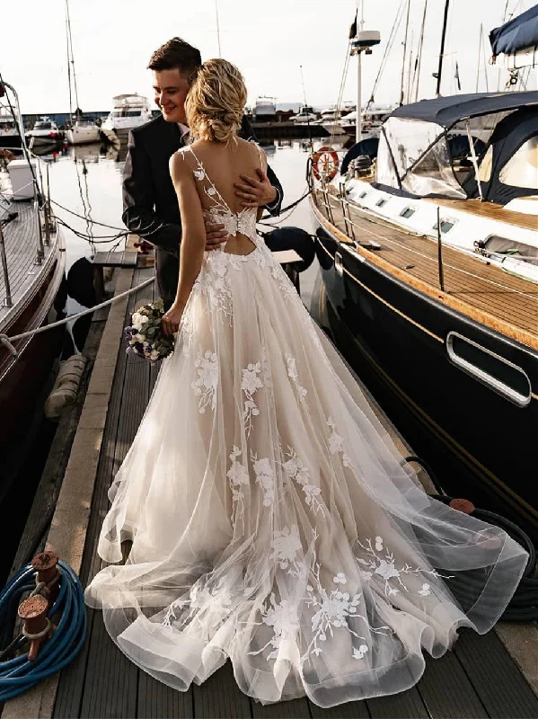 Wedding dresses for beach or destination weddings-Romantic Tulle Appliqued A-line Wedding Dresses With Chapel Train WD217 Wedding dresses for beach or destination weddings-Romantic Tulle Appliqued A-line Wedding Dresses With Chapel Train WD217