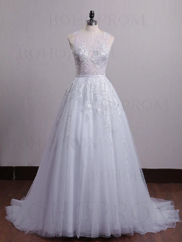 Romantic Tulle Jewel Neckline Chapel Train A-line Wedding Dresses WD123