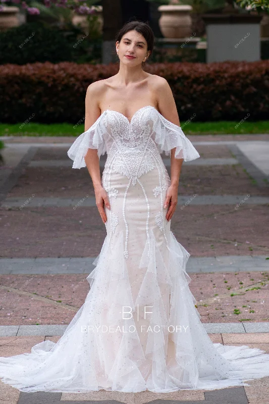 Designer Ruffled Off Shoulder Lace Mermaid Destination Wedding Dress