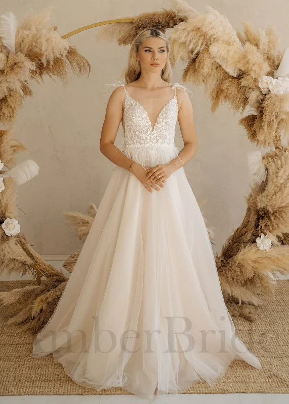 Best wedding dresses with simple yet elegant designs-Rustic A Line Floral Wedding Dress with Feathers and Detachable Sleeves Best wedding dresses with simple yet elegant designs-Rustic A Line Floral Wedding Dress with Feathers and Detachable Sleeves