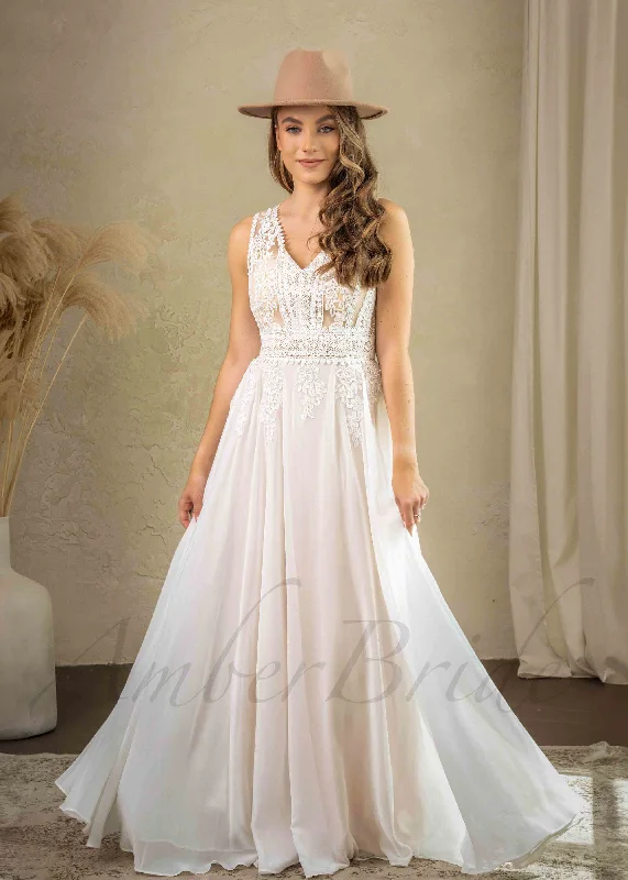 Elegant wedding dresses with satin finishes-Rustic A Line Floral Wedding Dress with Flowy Chiffon Skirt Elegant wedding dresses with satin finishes-Rustic A Line Floral Wedding Dress with Flowy Chiffon Skirt