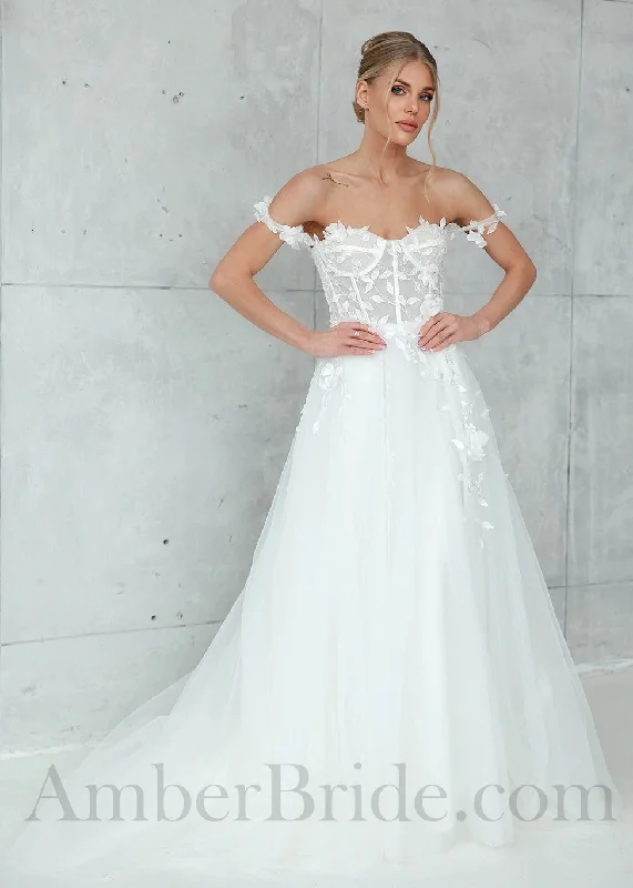 Wedding dresses with a vintage flair for a classic feel-Rustic A-Line Off Shoulder Tulle Wedding Dress with Flower Appliques Wedding dresses with a vintage flair for a classic feel-Rustic A-Line Off Shoulder Tulle Wedding Dress with Flower Appliques