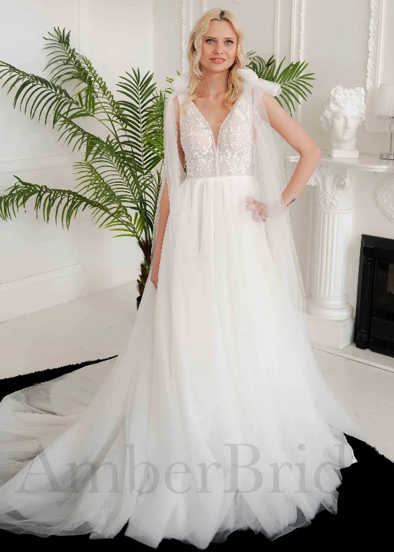 Affordable wedding dresses for destination weddings-Rustic A Line Tulle Wedding Dress with Floral Lace Appliques and Backless Design Affordable wedding dresses for destination weddings-Rustic A Line Tulle Wedding Dress with Floral Lace Appliques and Backless Design