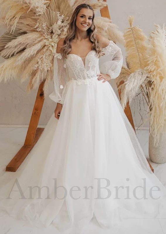 Wedding dresses with tulle skirts for a dreamy look-Rustic A Line Tulle Wedding Dress with Flower Appliques and Sheer Puffy Sleeves Wedding dresses with tulle skirts for a dreamy look-Rustic A Line Tulle Wedding Dress with Flower Appliques and Sheer Puffy Sleeves