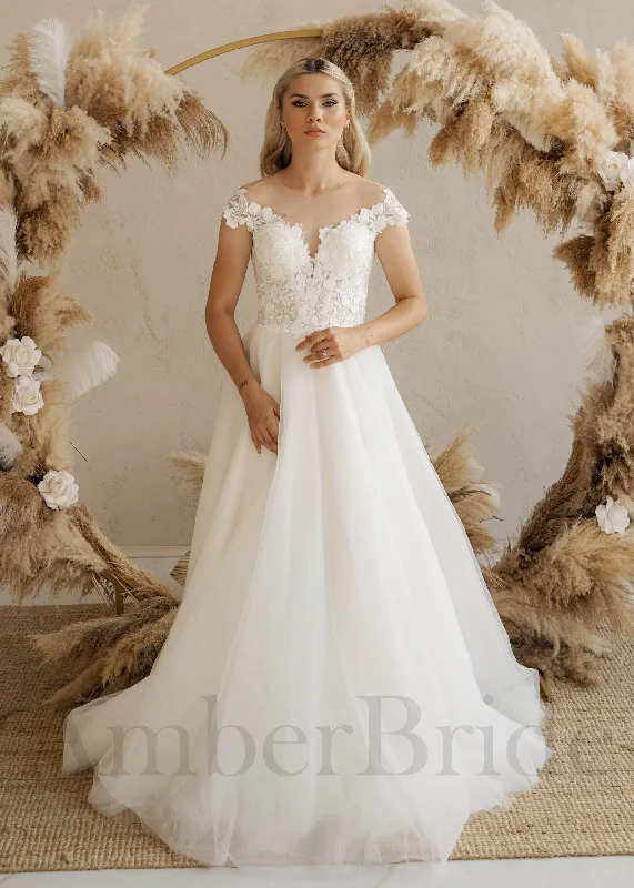 How to find affordable wedding dresses online-Rustic A Line Tulle Wedding Dress with Flowers and Illusion Design How to find affordable wedding dresses online-Rustic A Line Tulle Wedding Dress with Flowers and Illusion Design