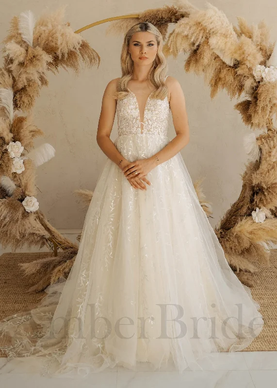 How to style your wedding dress for a unique appearance-Rustic A Line Wedding Dress with Floral Design and Spaghetti Straps How to style your wedding dress for a unique appearance-Rustic A Line Wedding Dress with Floral Design and Spaghetti Straps