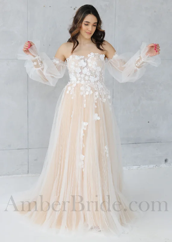 Wedding dresses with open back details-Rustic A-Line Wedding Dress with Flower Appliques and Long Puffy Sleeves Wedding dresses with open back details-Rustic A-Line Wedding Dress with Flower Appliques and Long Puffy Sleeves