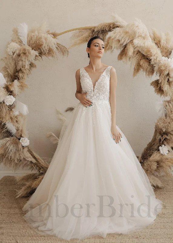 Plus-size wedding dresses for a flattering fit-Rustic A-Line Wedding Dress with Glittery Tulle Skirt and Floral Details