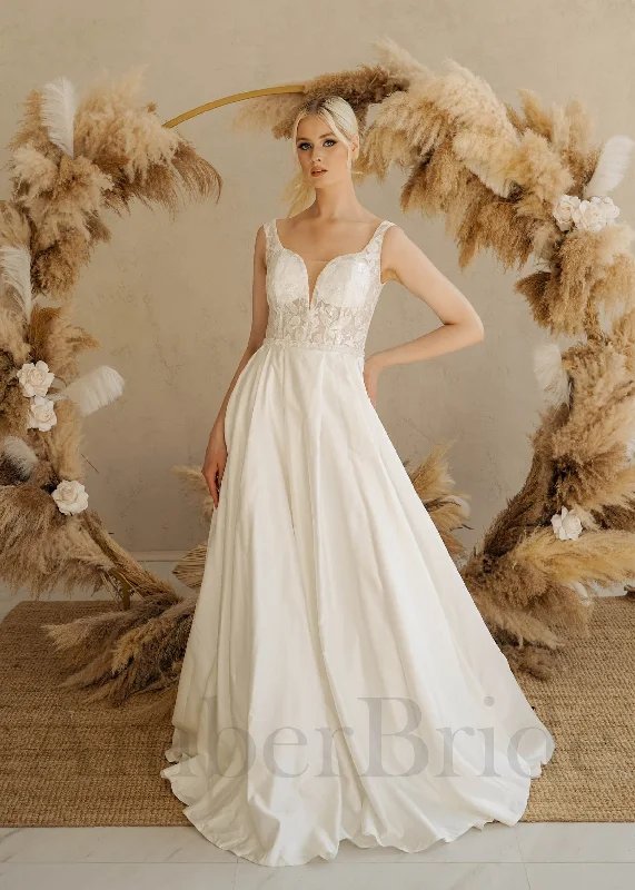 Wedding dresses for brides who want a fairytale look-Rustic A Line Wedding dress with Lace Flowers and Satin Skirt Wedding dresses for brides who want a fairytale look-Rustic A Line Wedding dress with Lace Flowers and Satin Skirt