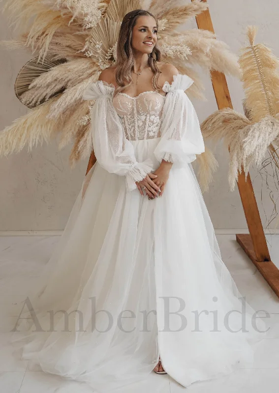 Best wedding dresses for a vintage or antique style-Rustic A Line Wedding Dress with Long Puffy Sleeves and Floral Accents Best wedding dresses for a vintage or antique style-Rustic A Line Wedding Dress with Long Puffy Sleeves and Floral Accents