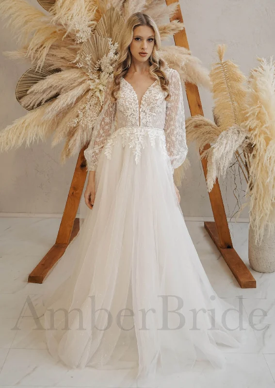 Where to find wedding dresses with vintage-inspired designs-Rustic Floral Design Tulle Wedding Dress with Long Puffy Sleeves Where to find wedding dresses with vintage-inspired designs-Rustic Floral Design Tulle Wedding Dress with Long Puffy Sleeves