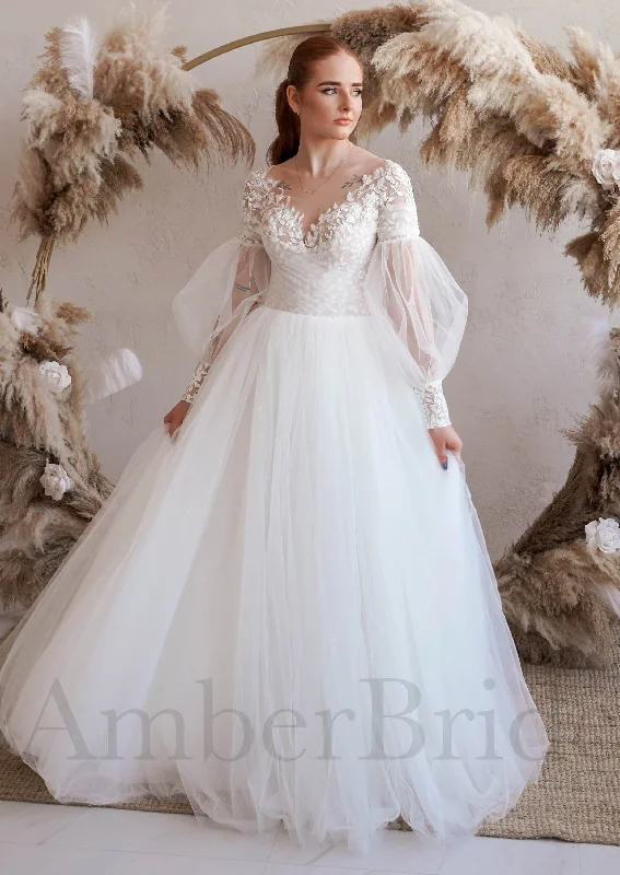 How to style a modern wedding dress with accessories-Rustic Floral Top Wedding Dress with Illusion Design and Long Puffy Sleeves How to style a modern wedding dress with accessories-Rustic Floral Top Wedding Dress with Illusion Design and Long Puffy Sleeves