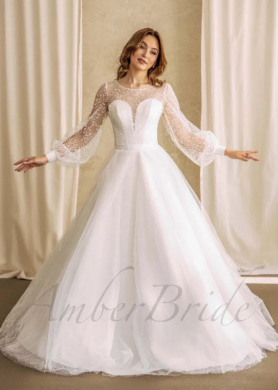 Wedding dresses for different wedding themes-Rustic Floral Wedding Dress with Long Puffy Sleeve and Deep V-Neck Wedding dresses for different wedding themes-Rustic Floral Wedding Dress with Long Puffy Sleeve and Deep V-Neck