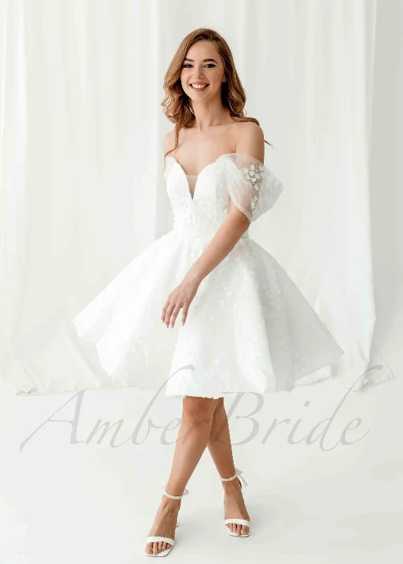 Wedding dresses for a traditional church wedding-Rustic Knee Length Satin Dress with Off Shoulder Floral Design