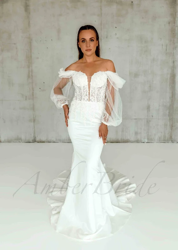 Best wedding dresses for a royal-style wedding-Rustic Mermaid Wedding Dress with Deep V-Neckline and Off-Shoulder Puffy Sleeves Best wedding dresses for a royal-style wedding-Rustic Mermaid Wedding Dress with Deep V-Neckline and Off-Shoulder Puffy Sleeves