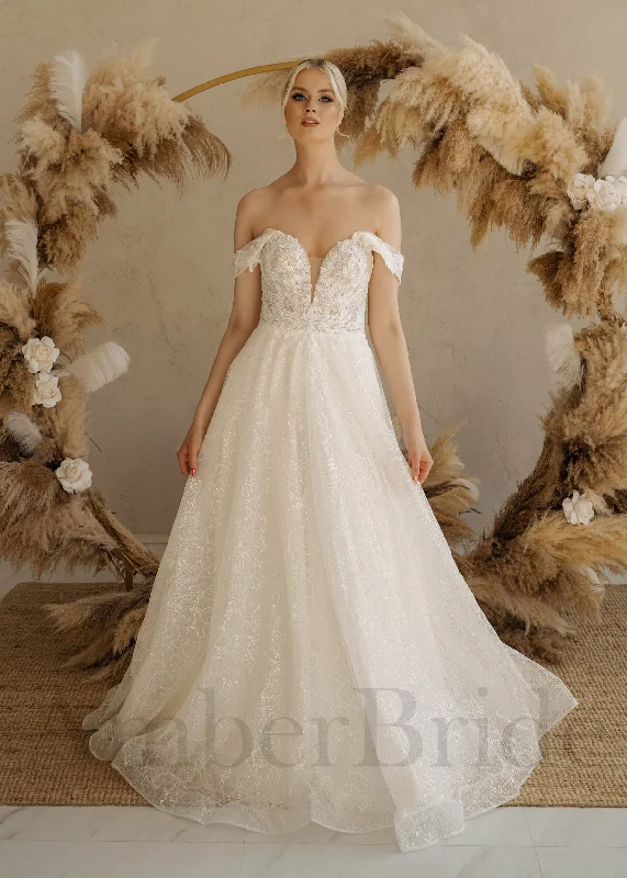 Wedding dresses for an elegant, formal look-Rustic Off Shoulder Wedding dress with Lace Flowers and Backless Design Wedding dresses for an elegant, formal look-Rustic Off Shoulder Wedding dress with Lace Flowers and Backless Design