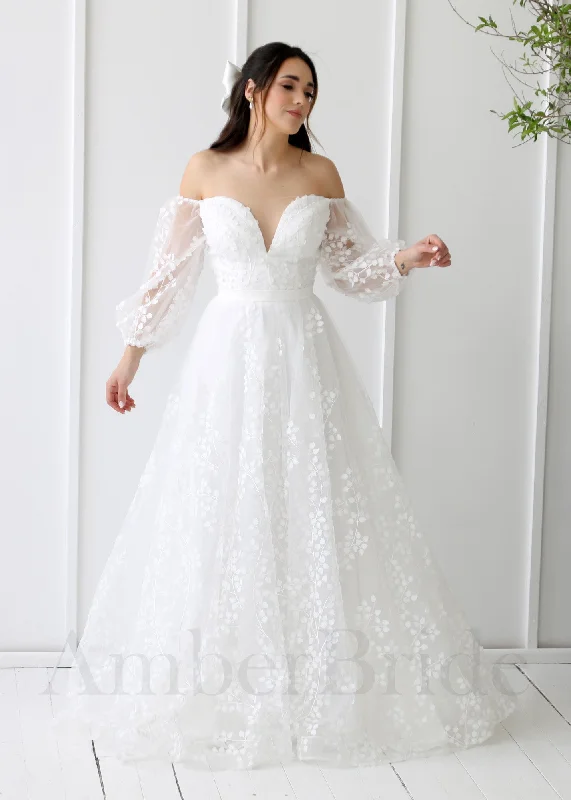 Where to find unique wedding dresses for brides-Rustic Off-Shoulder Wedding Dress with Long Puffy Sleeves and Flower Details Where to find unique wedding dresses for brides-Rustic Off-Shoulder Wedding Dress with Long Puffy Sleeves and Flower Details