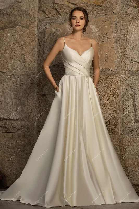 Satin Bridal Gown with Pleated Spaghetti Strap and Ball Gown Skirt