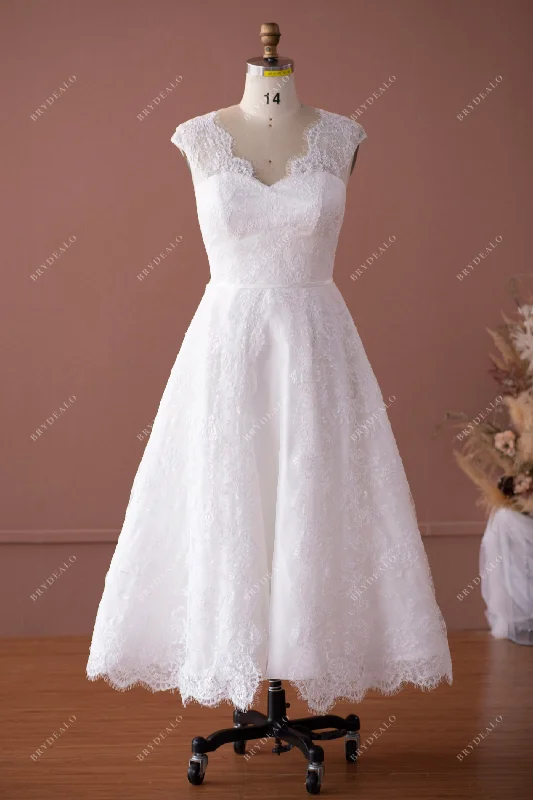 Vintage Scallop Neck Lace Tea Length City Wedding Dress