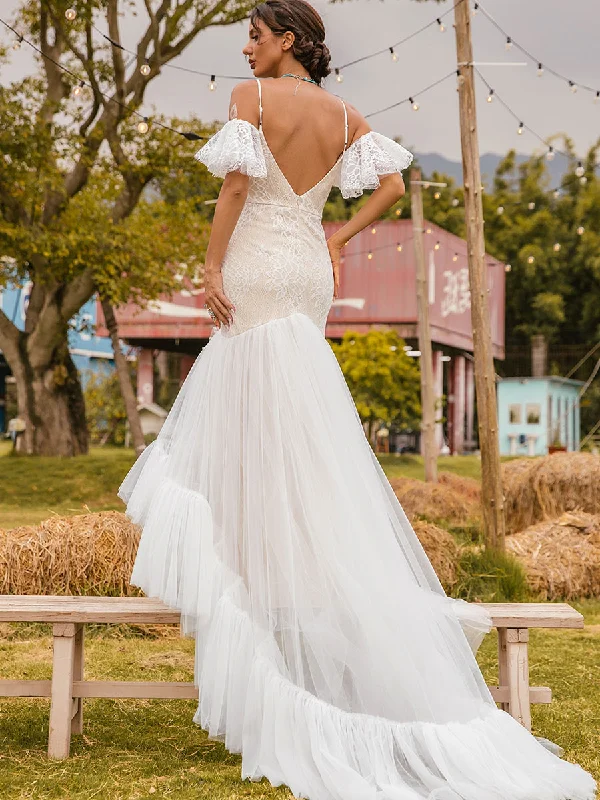 Boho Flutter Sleeve Wedding Dress Tulle Rustic