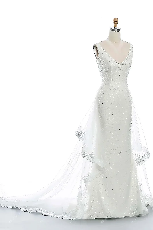 Sequin V-neck Mermaid Ruffled Tulle Overskirt Wedding Dress