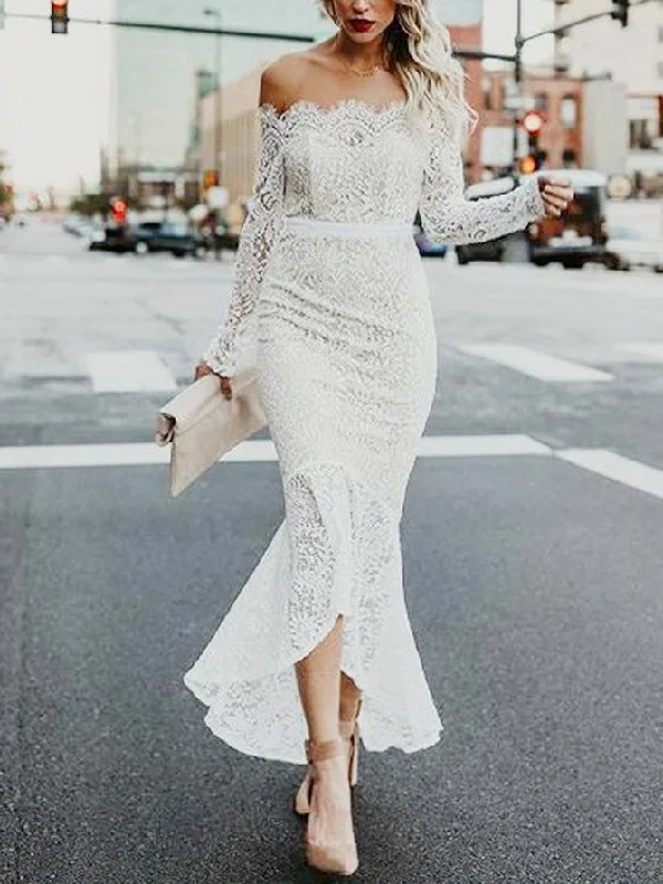 Vintage-inspired wedding dresses for a retro look-Sexy Lace Off-the-shoulder Neckline Hi-lo Mermaid Wedding Dresses WD161 Vintage-inspired wedding dresses for a retro look-Sexy Lace Off-the-shoulder Neckline Hi-lo Mermaid Wedding Dresses WD161