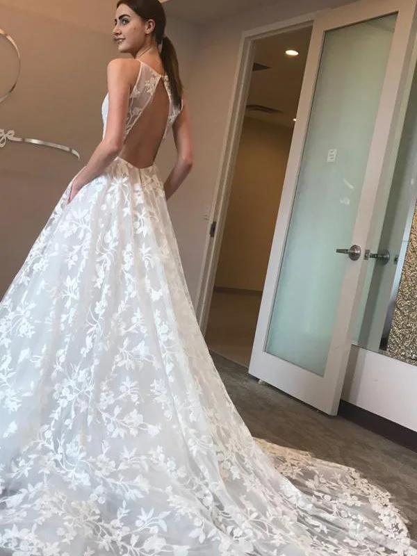 Wedding dresses with illusion necklines for a modern feel-Sexy Lace Spaghetti Straps Neckline A-line Wedding Dresses With Pleats WD067 Wedding dresses with illusion necklines for a modern feel-Sexy Lace Spaghetti Straps Neckline A-line Wedding Dresses With Pleats WD067