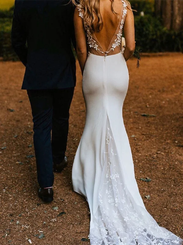 Wedding dresses with high necklines for elegant brides-Sexy V-neck Lace Wedding Dresses Mermaid Satin Bridal Gowns WD327 Wedding dresses with high necklines for elegant brides-Sexy V-neck Lace Wedding Dresses Mermaid Satin Bridal Gowns WD327