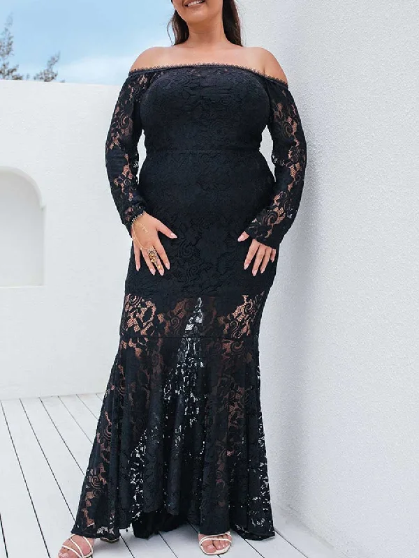Black Lace Plus Size Wedding Dress Mermaid Long Sleeves