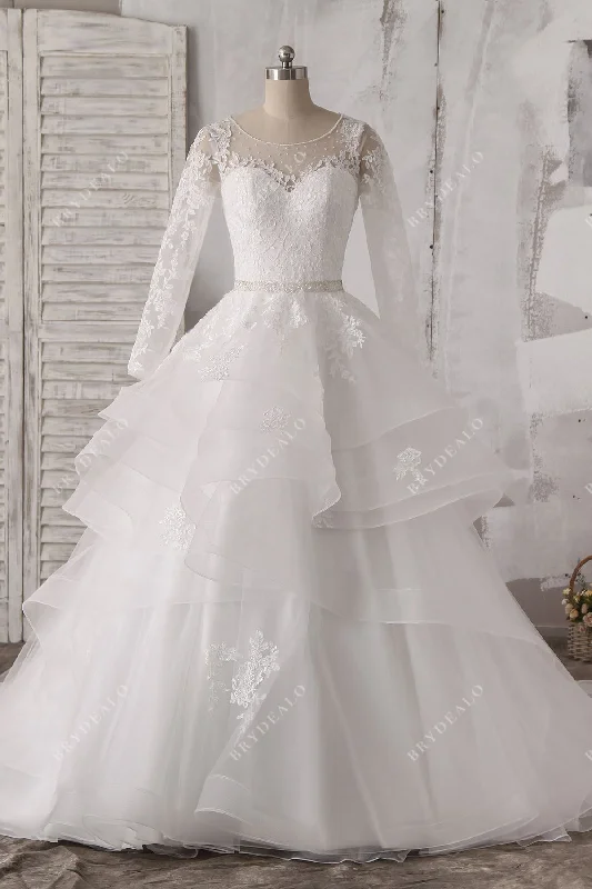 Sheer Sleeve Beaded Lace Tulle Ruffled Ballgown Wedding Dress