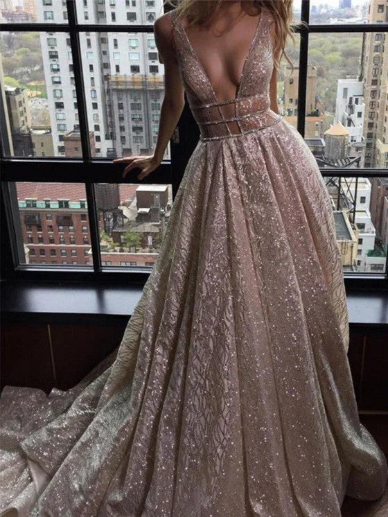 Wedding dresses for a sophisticated, modern look-Shimmering Glitter Tulle V-neck Neckline Chapel Train A-line Prom Dresses PD504 Wedding dresses for a sophisticated, modern look-Shimmering Glitter Tulle V-neck Neckline Chapel Train A-line Prom Dresses PD504