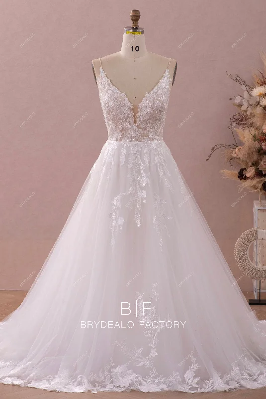 Shimmery Beaded Straps Plunging Lace A-line Wedding Dress