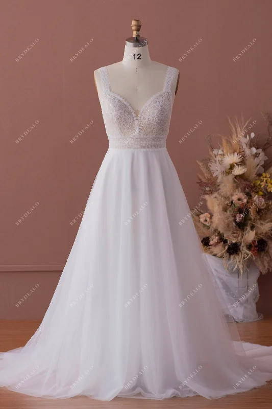 Shimmery Wide Straps Boho Lace Tulle Outdoor Wedding Dress