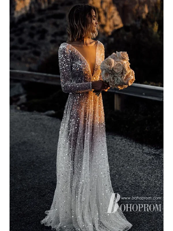 Shining Illusion Long Sleeves Wedding Dresses Backless A-line Bridal Gowns WD625