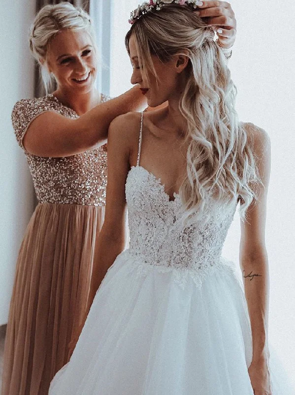 How to choose the best wedding dress for your wedding theme-Shining Tulle Spaghetti Straps Beaded Appliqued A-line Wedding Dresses WD193 How to choose the best wedding dress for your wedding theme-Shining Tulle Spaghetti Straps Beaded Appliqued A-line Wedding Dresses WD193