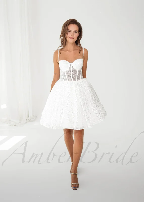 Wedding dresses with structured bodices for support-Short Glittery Tulle Knee Length Dress with Spaghetti Straps Wedding dresses with structured bodices for support-Short Glittery Tulle Knee Length Dress with Spaghetti Straps