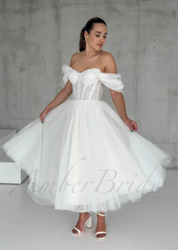 Wedding dresses with simple silhouettes for an understated style-Short Glittery Tulle Off Shoulder Dress with Lace-Up Closure Wedding dresses with simple silhouettes for an understated style-Short Glittery Tulle Off Shoulder Dress with Lace-Up Closure