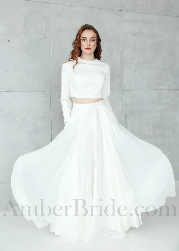 How to style your wedding dress with accessories-Simple 2-Piece Chiffon and Crepe Satin Wedding Dress with Long Sleeves How to style your wedding dress with accessories-Simple 2-Piece Chiffon and Crepe Satin Wedding Dress with Long Sleeves