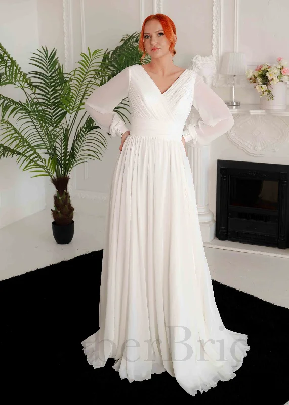 Should you go for a ball gown or A-line wedding dress-Simple A Line Chiffon Wedding Dress with Long Puffy Sleeves and Slit