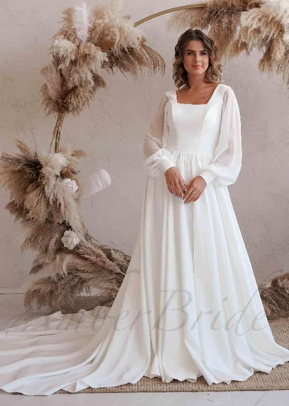 Wedding dresses for modern brides looking for elegance-Simple A Line Chiffon Wedding Dress with Square Neck and Puffy Sleeves Wedding dresses for modern brides looking for elegance-Simple A Line Chiffon Wedding Dress with Square Neck and Puffy Sleeves