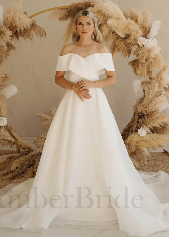 Wedding dresses with flattering silhouettes for all body types-Simple A Line Off Shoulder Organza Wedding Dress with Detachable Train Wedding dresses with flattering silhouettes for all body types-Simple A Line Off Shoulder Organza Wedding Dress with Detachable Train