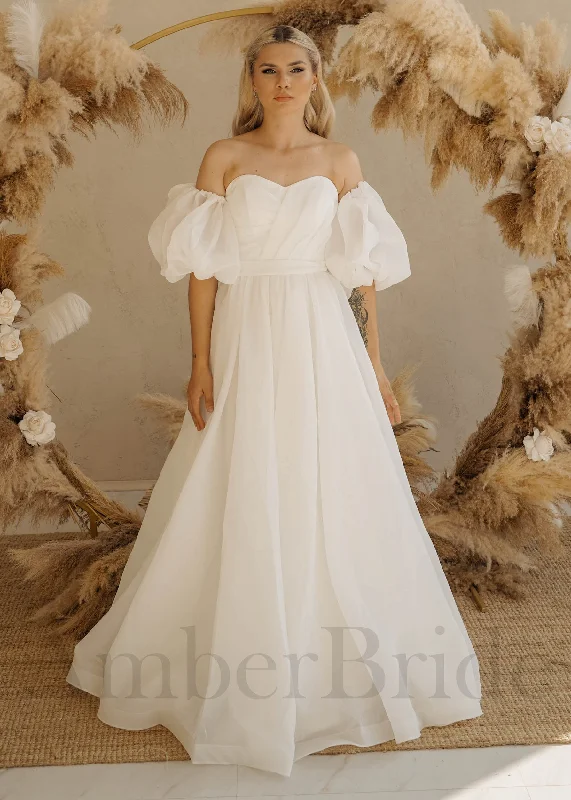 Wedding dresses with minimalist designs for a modern bride-Simple A Line Organza Wedding Dress with Detachable Puff Sleeves Wedding dresses with minimalist designs for a modern bride-Simple A Line Organza Wedding Dress with Detachable Puff Sleeves