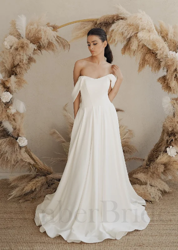 Wedding dresses for brides looking for elegance and style-Simple A Line Satin Wedding Dress with Corset and Off Shoulder Design Wedding dresses for brides looking for elegance and style-Simple A Line Satin Wedding Dress with Corset and Off Shoulder Design