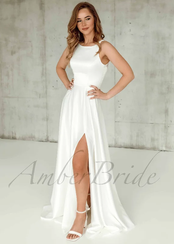 Where to find wedding dresses for every style-Simple A Line Satin Wedding Dress with Lace Back Design Where to find wedding dresses for every style-Simple A Line Satin Wedding Dress with Lace Back Design