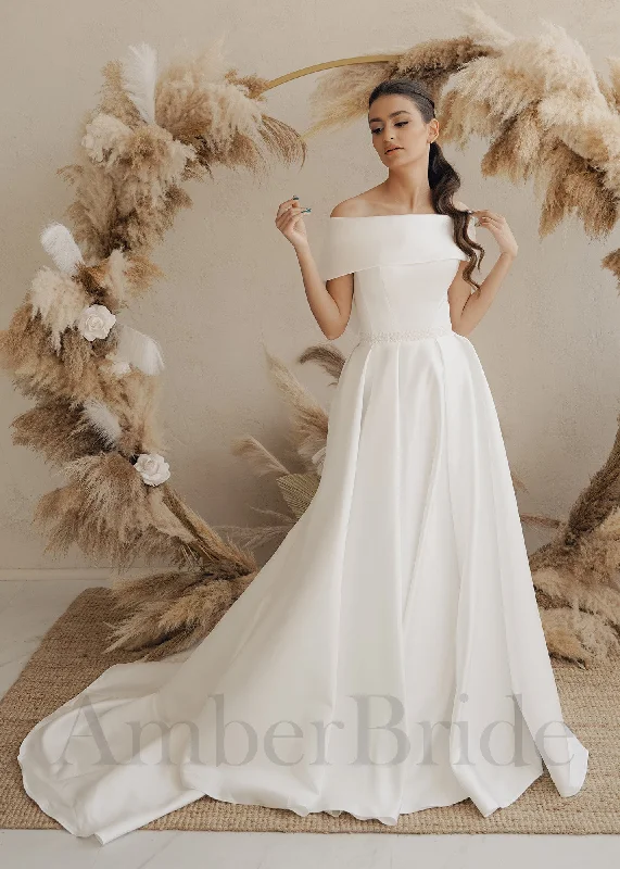 Wedding dresses with clean lines for a minimalist appearance-Simple A-Line Satin Wedding Dress with Off Shoulder Design and Corset Wedding dresses with clean lines for a minimalist appearance-Simple A-Line Satin Wedding Dress with Off Shoulder Design and Corset