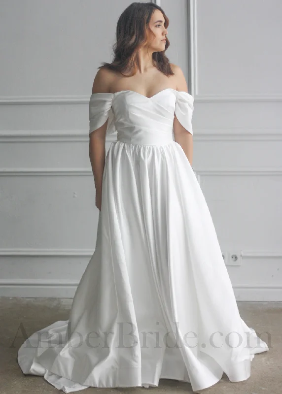 How to pick a wedding dress for a winter ceremony-Simple A-Line Satin Wedding Dress with Off The Shoulder Sweetheart Neckline How to pick a wedding dress for a winter ceremony-Simple A-Line Satin Wedding Dress with Off The Shoulder Sweetheart Neckline