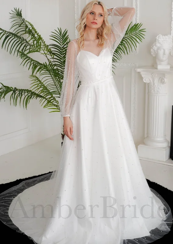 Where to find wedding dresses for curvy brides-Simple A Line Satin Wedding Dress with Pearl Design and Long Sheer Sleeve Where to find wedding dresses for curvy brides-Simple A Line Satin Wedding Dress with Pearl Design and Long Sheer Sleeve