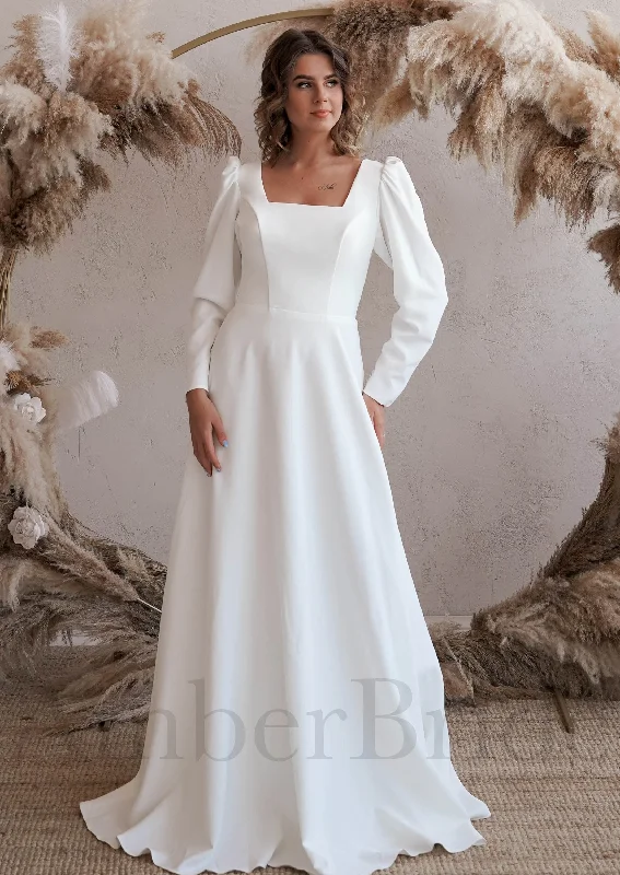 Best wedding dresses for brides on a tight budget-Simple A Line Satin Wedding Dress with Square Neck and Long Sleeves Best wedding dresses for brides on a tight budget-Simple A Line Satin Wedding Dress with Square Neck and Long Sleeves